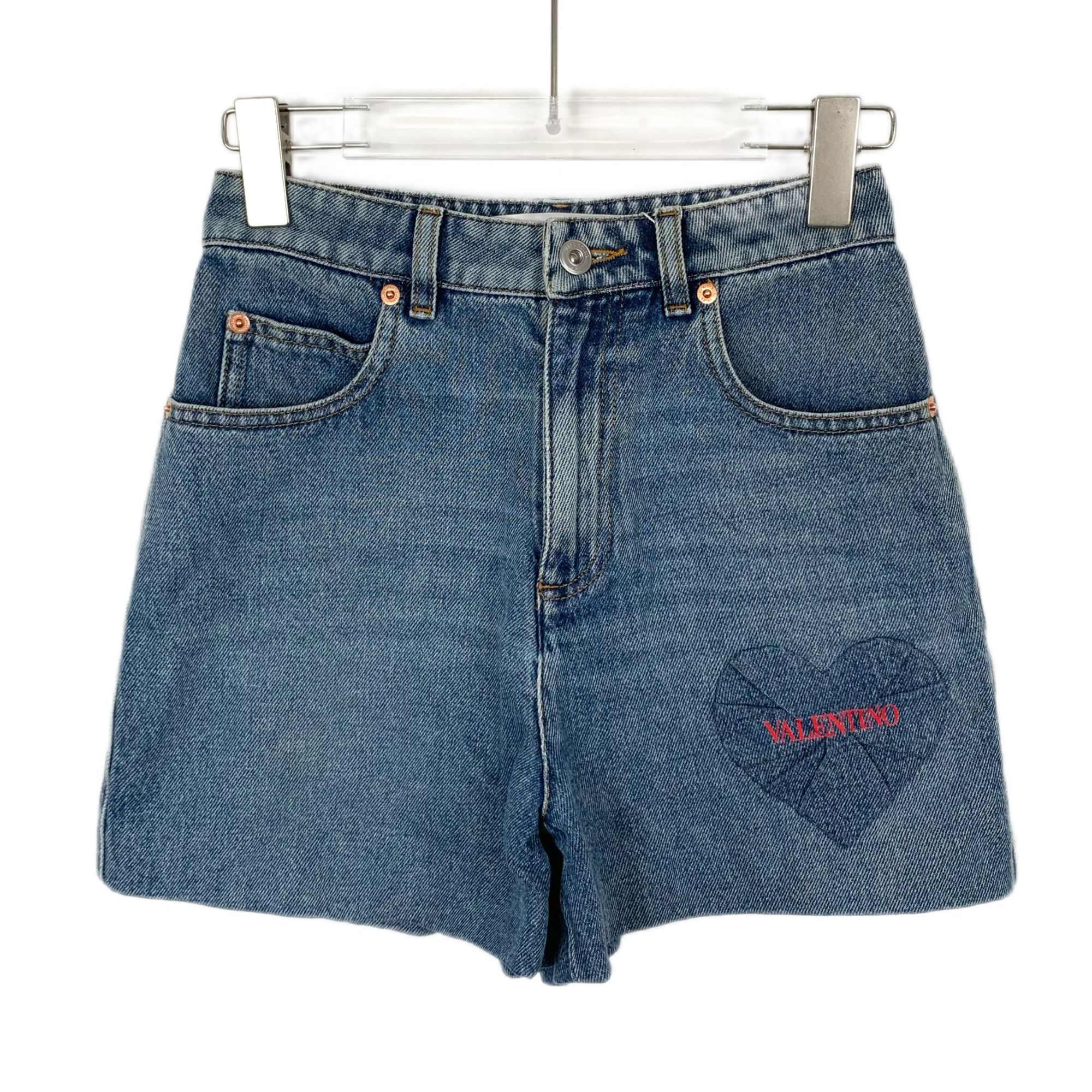 99新 Valentino/华伦天奴 X9196  蓝色logo印花牛仔裤短裤 26码 