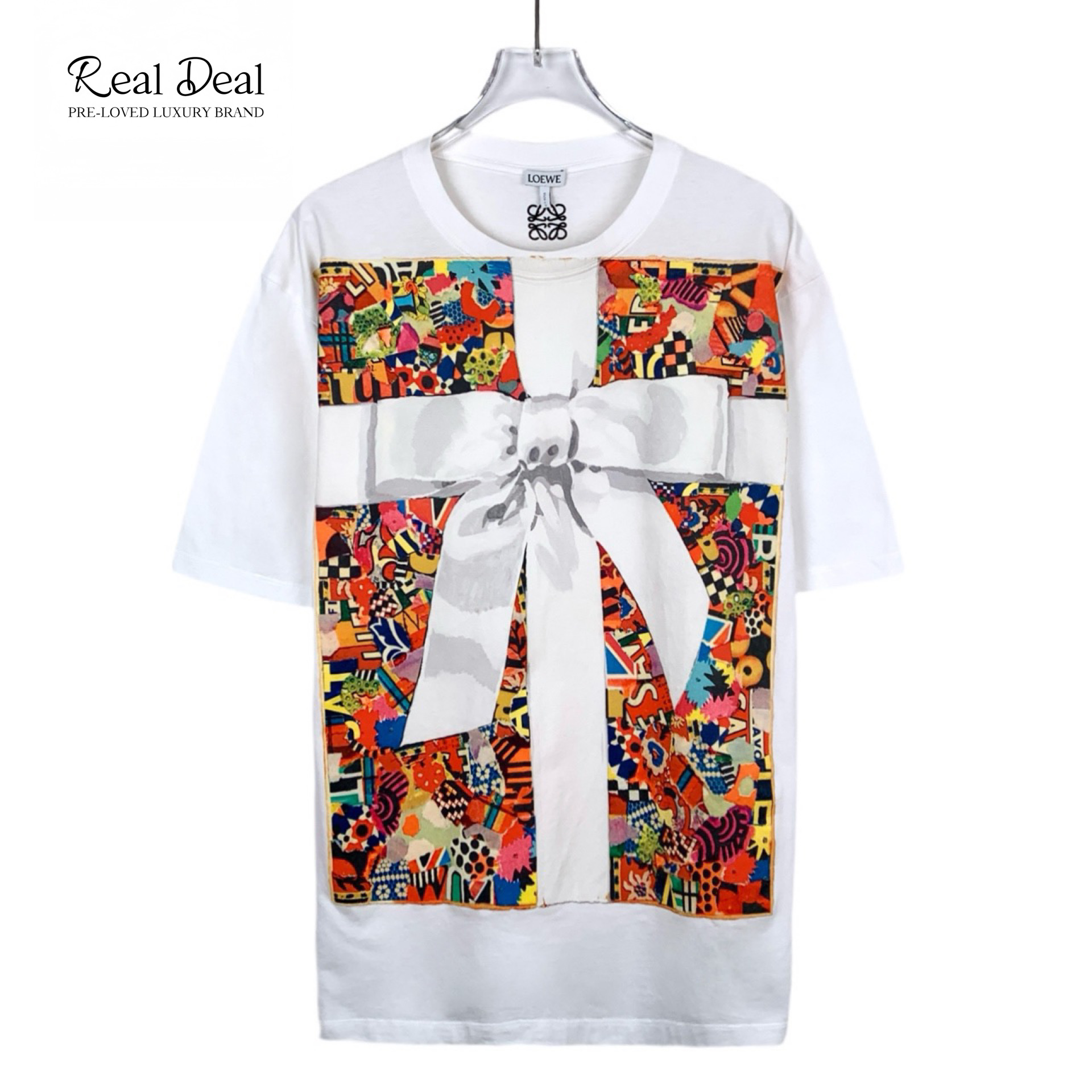 95新 LOEWE/罗意威 018168 logo图案蝴蝶结印花短袖 XS码