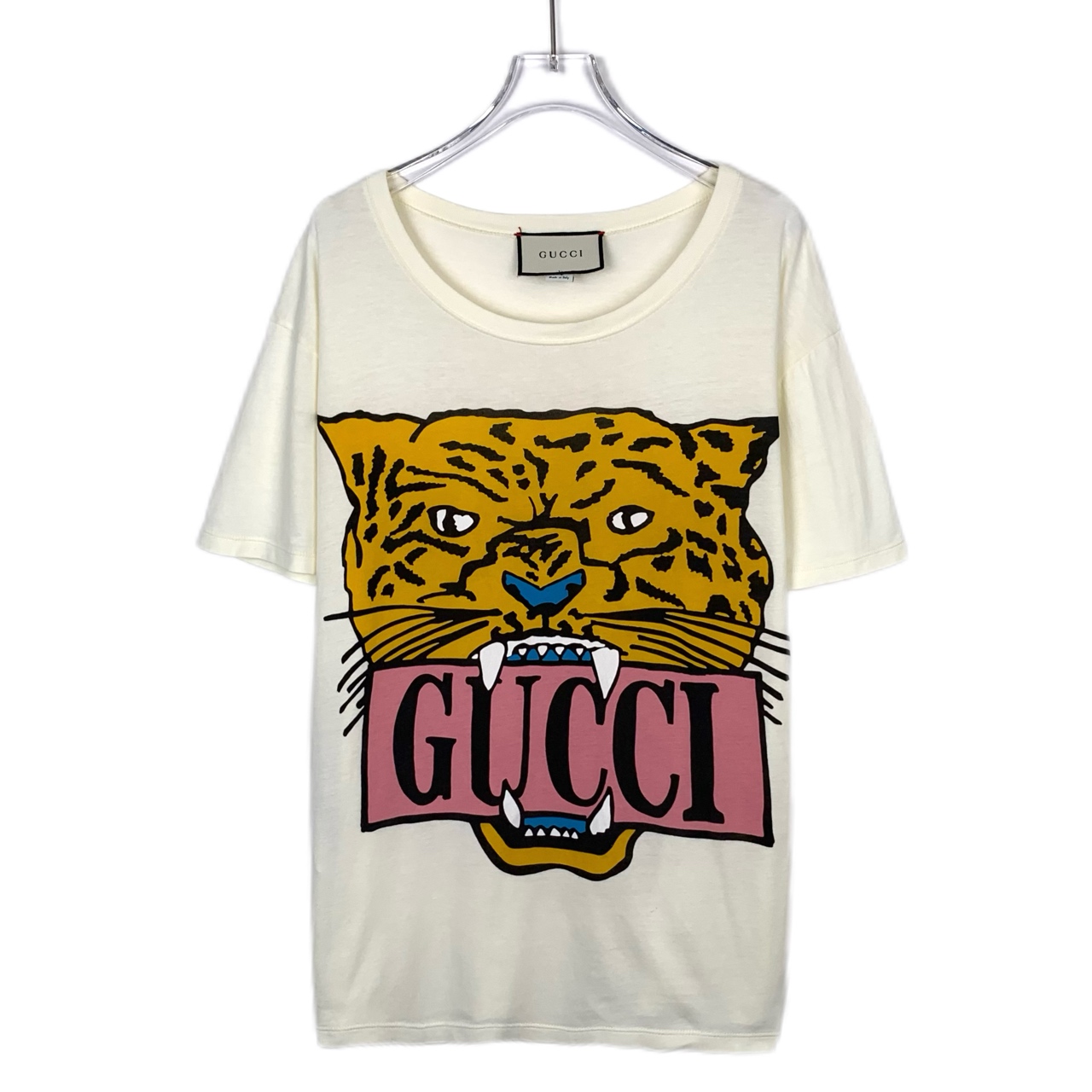 95新 GUCCI/古驰 018697 logo虎头印花米色圆领棉质短袖T恤 S码