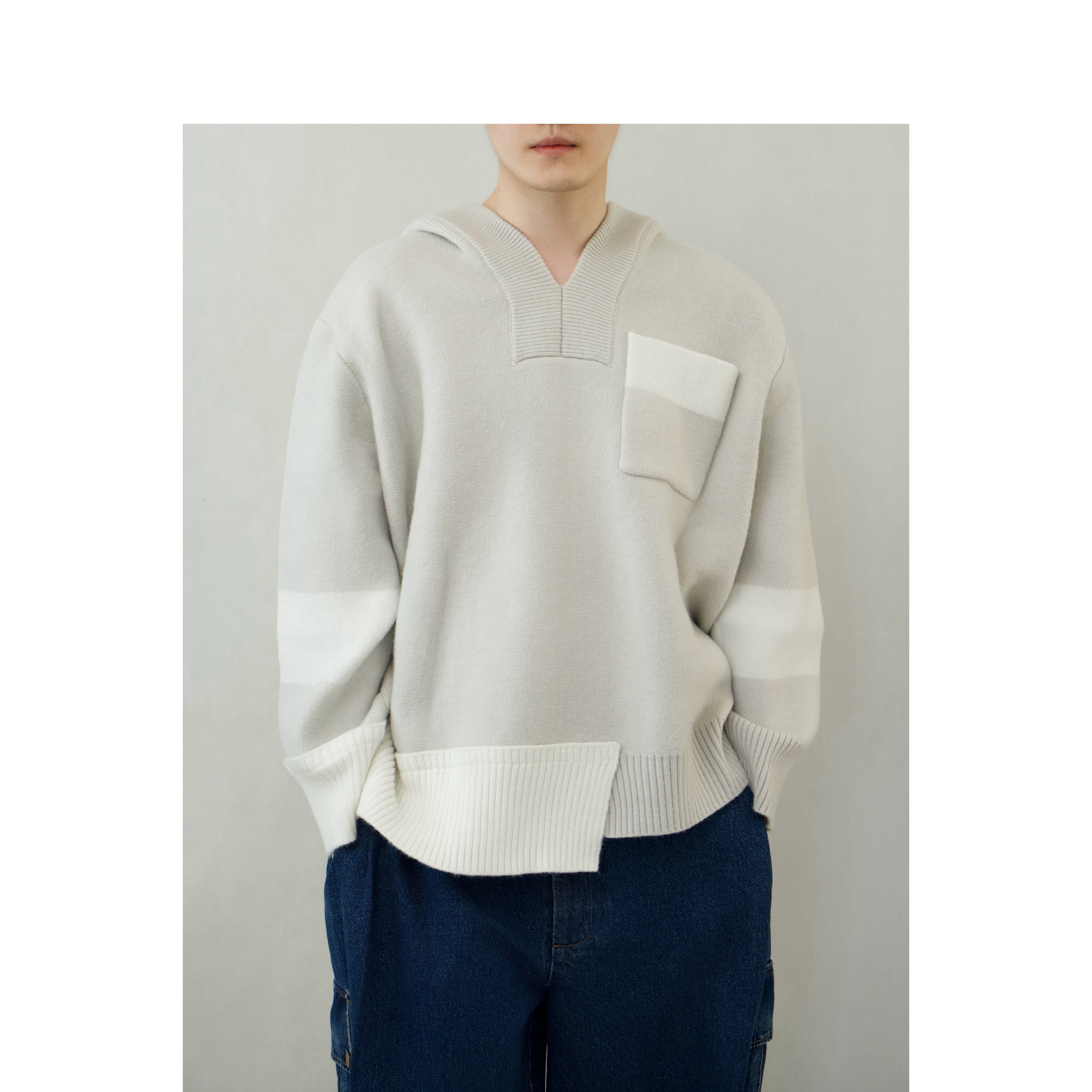 YOWSAH拼接螺纹简约慵懒连帽阔形宽松保暖多绒厚款毛衣 米灰色