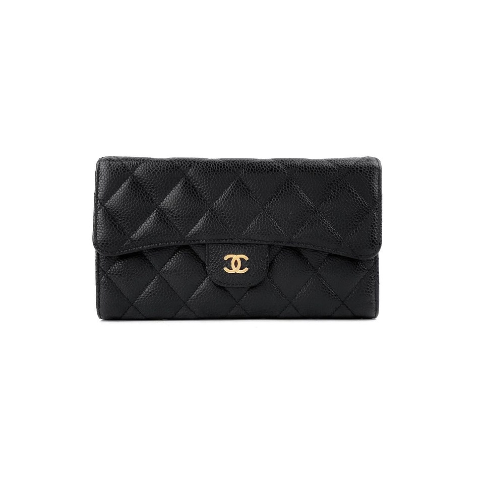 99新 Chanel/香奈儿 菱格荔枝纹黑色金标三折手拿包钱包