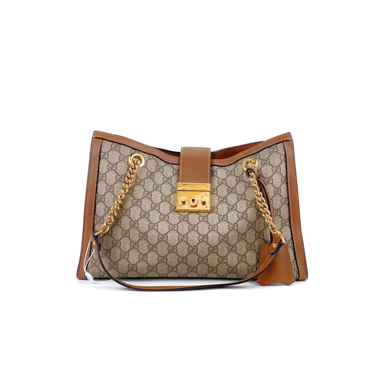 99新 GUCCI/古驰 乌木色老花牛皮 padlock Toto 链条包  中号