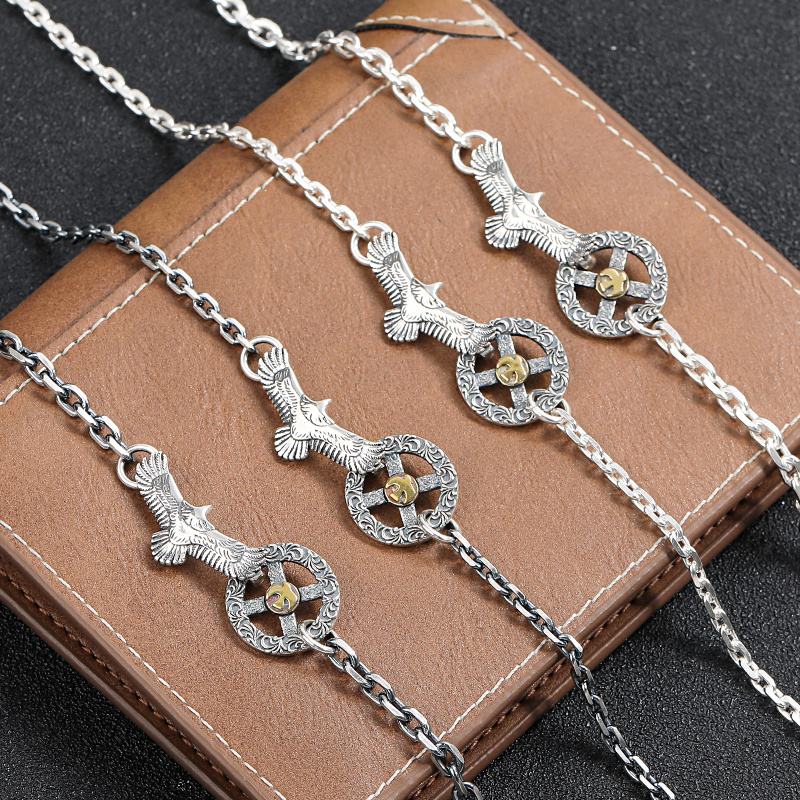 链子925银 老鹰太角链项链男复古做旧个性唐草纹配链百搭毛衣链女