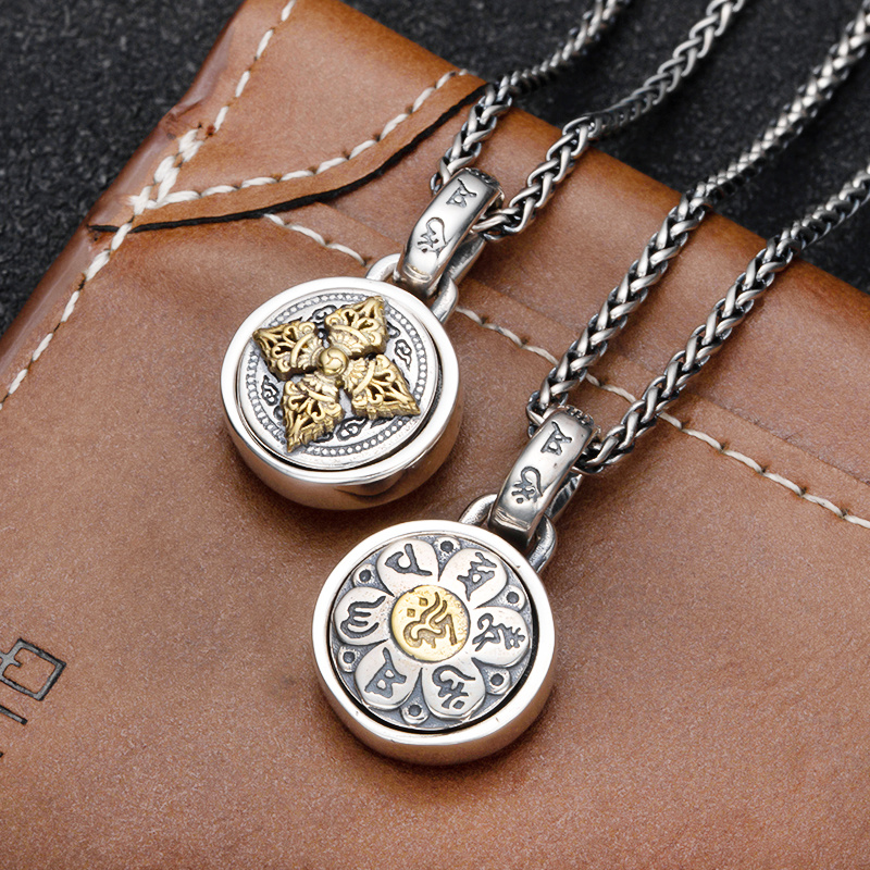 吊坠925银 复古六字真言吊坠男女百搭个性中国风小圆牌挂坠可转动