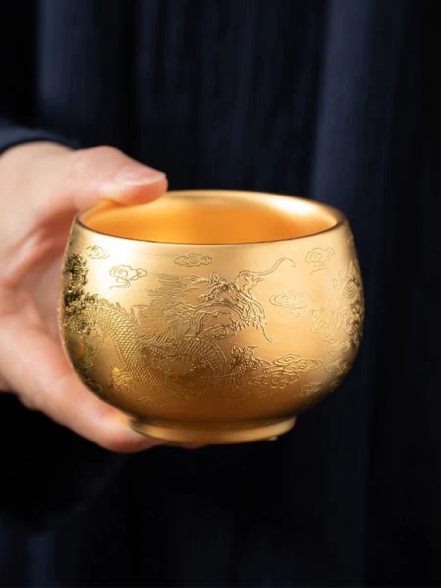 皇杰造物陶瓷轻奢立体高档手工描金主人杯鎏金盏杯龙凤百福杯