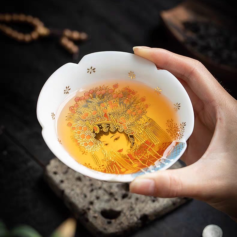 羊脂玉珐琅彩高档手绘花旦主人杯脸谱普洱杯陶瓷品茗杯白瓷茶杯
