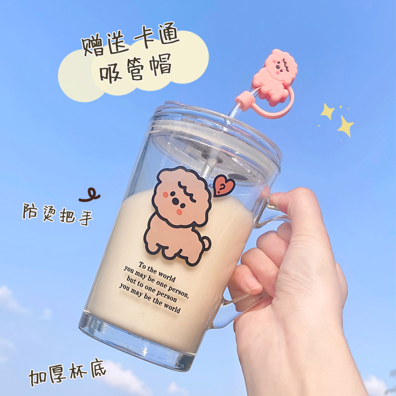 ins韩版早餐杯可爱卡通玻璃水杯情侣家用带把手茶杯牛奶咖啡杯子