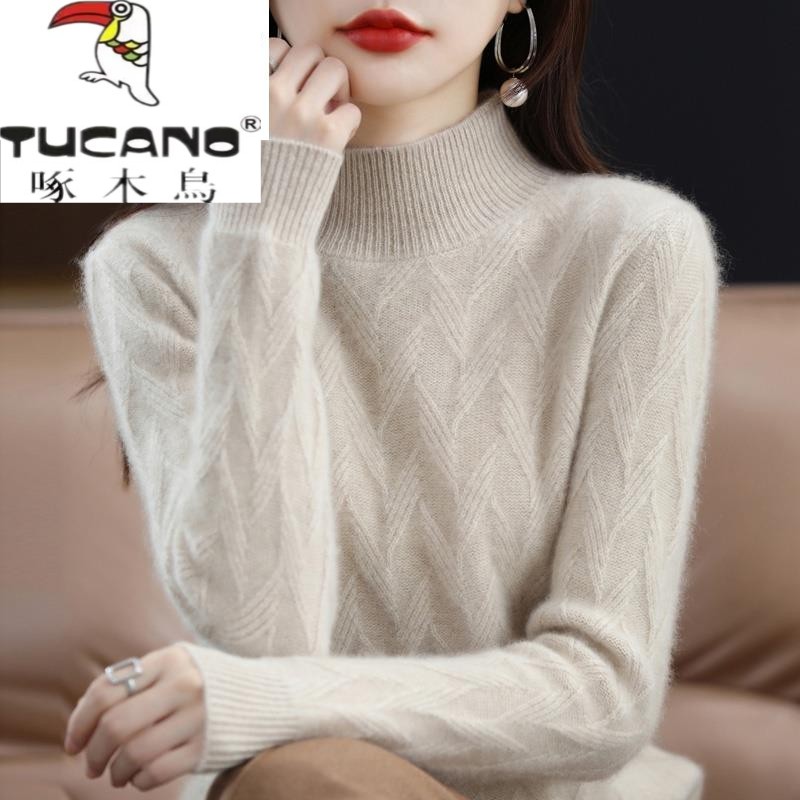 啄木鸟集团100%羊毛衫新款羊绒衫女半高领毛衣菱形加厚纯色内搭打