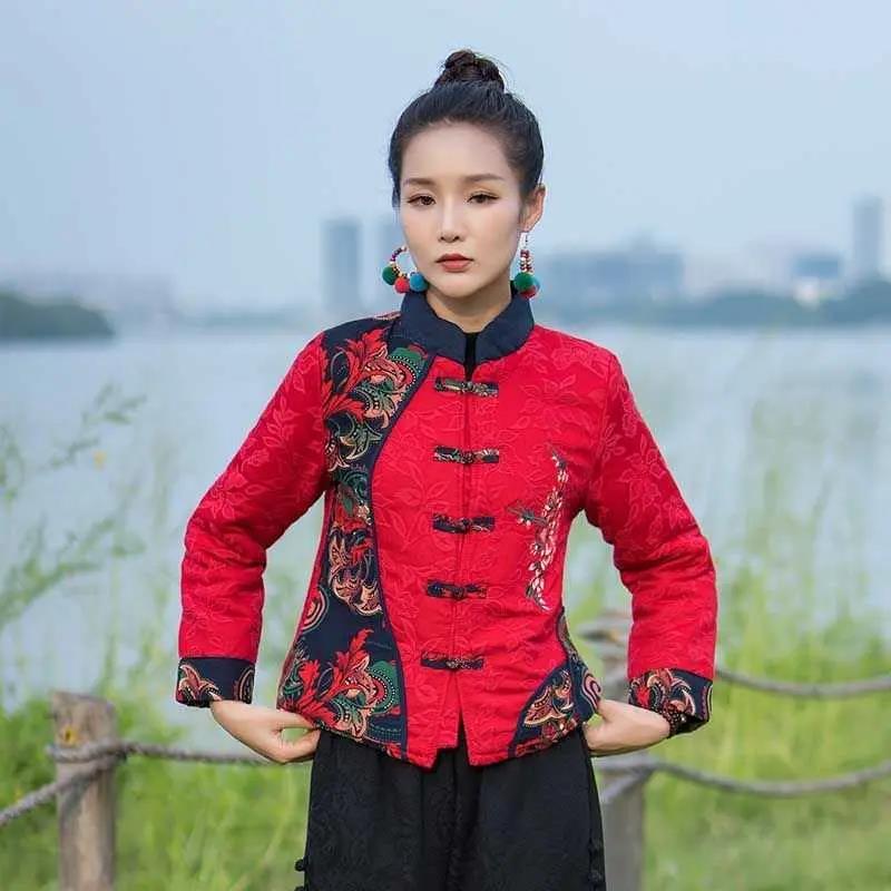 民族风拼接提花短款棉衣外套女冬装新款复古盘扣唐装修身棉袄棉服