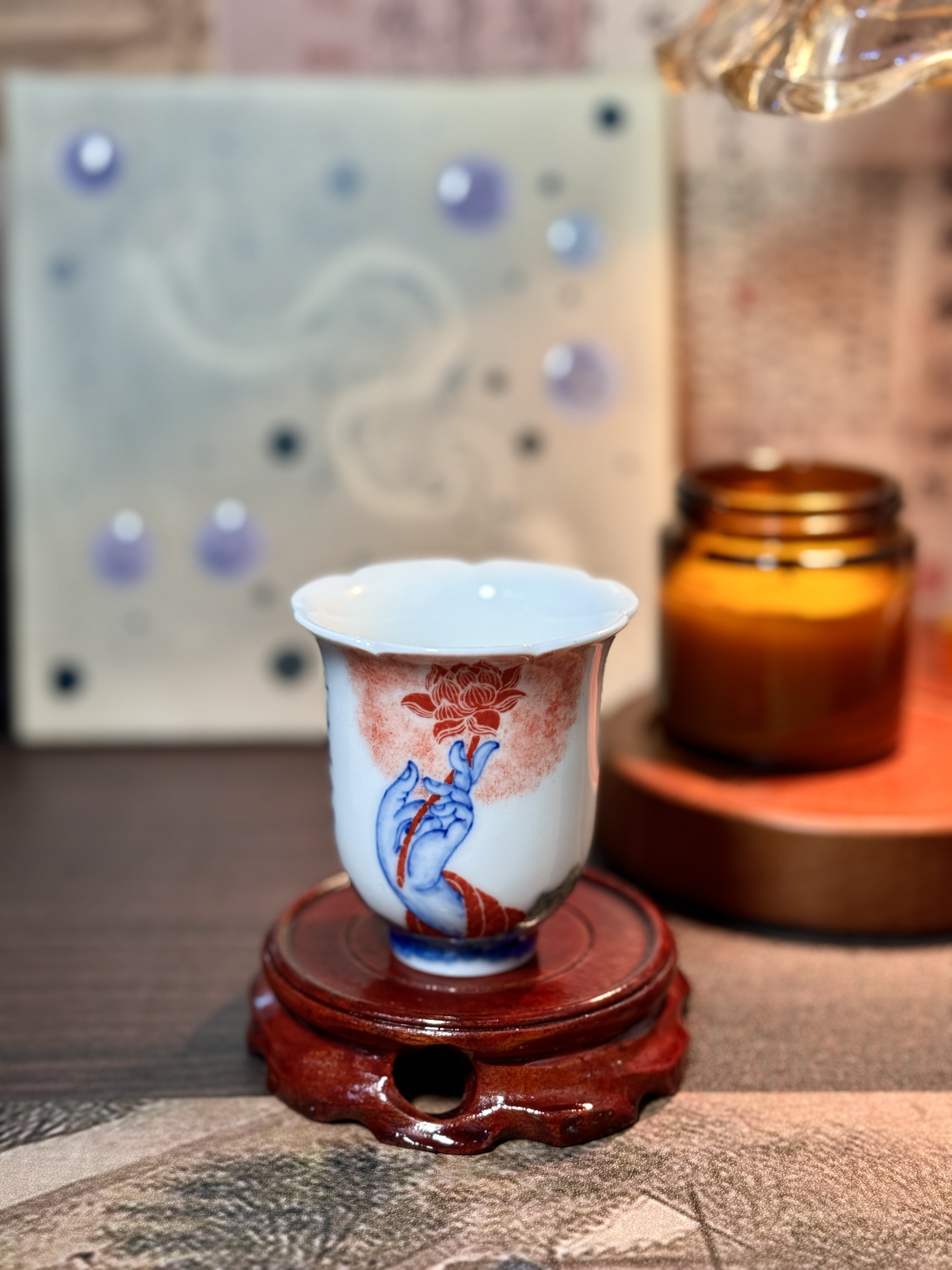 景德镇纯手工手绘佛手花口杯主人杯