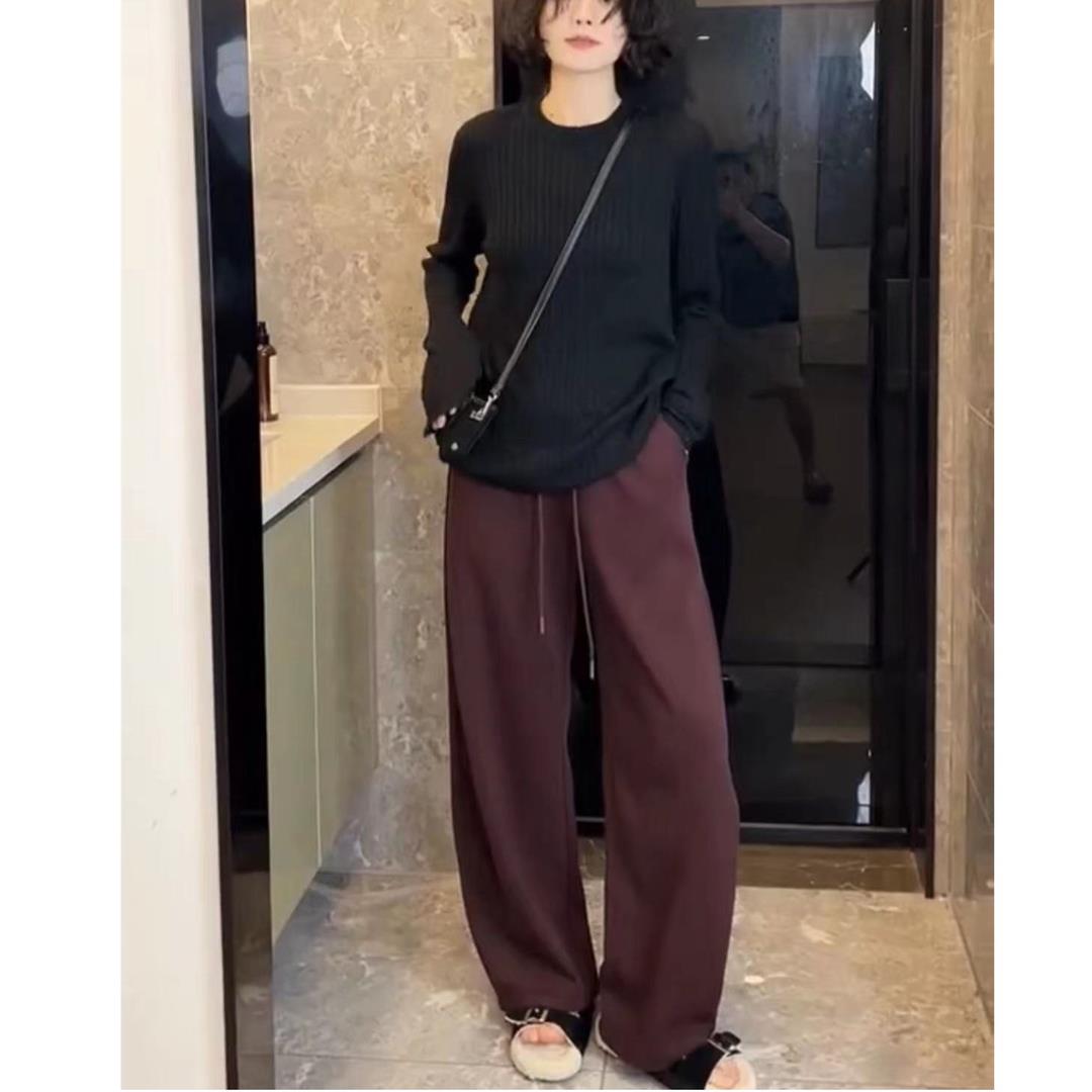 A欧货复古加绒阔腿裤女宽松高腰显瘦加厚香蕉裤小众休闲紫红镰刀Y