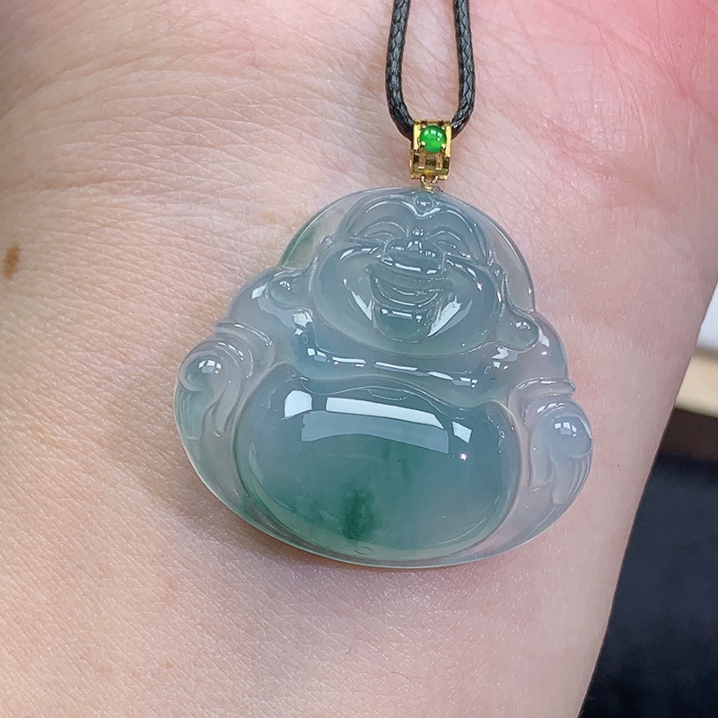 缅甸天然A货18K金扣头翡翠佛公吊坠