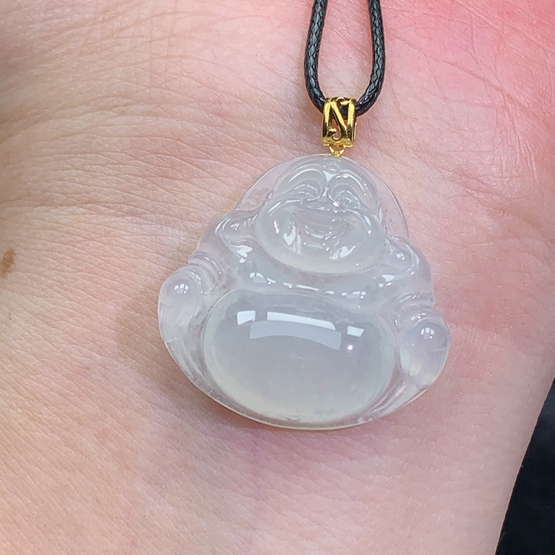  缅甸天然A货18K金扣头翡翠佛公吊坠 