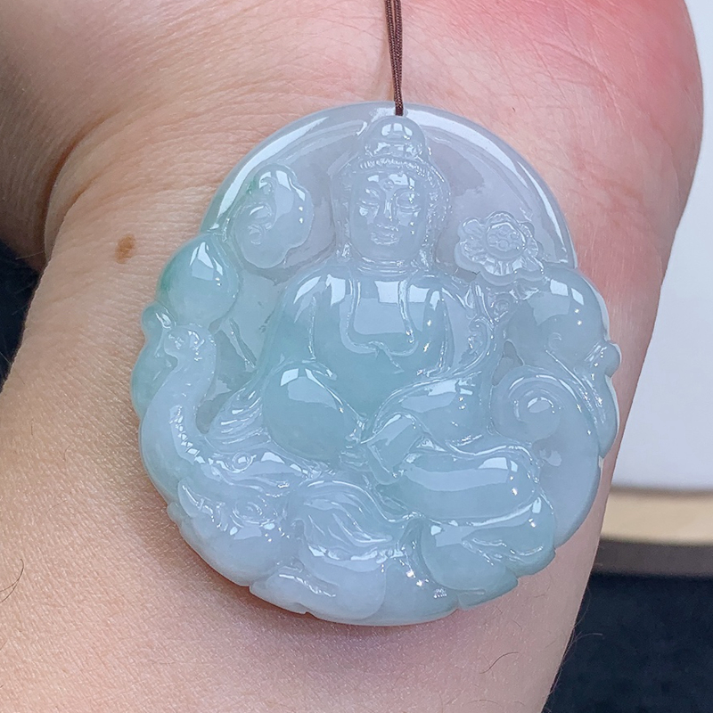 精雕 飘绿 普贤菩萨 吊坠 25.45g 挂坠 缅甸天然A货翡翠玉石