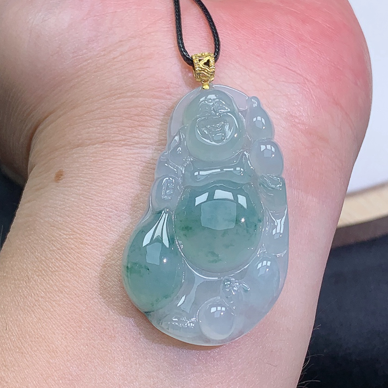  缅甸天然A货18K金扣头翡翠飘花布袋佛公吊坠14.99g