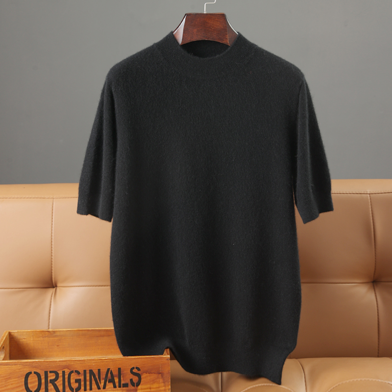 【帕美羊绒】100%纯山羊绒男士半高领针织短袖T恤休闲宽松男款半袖