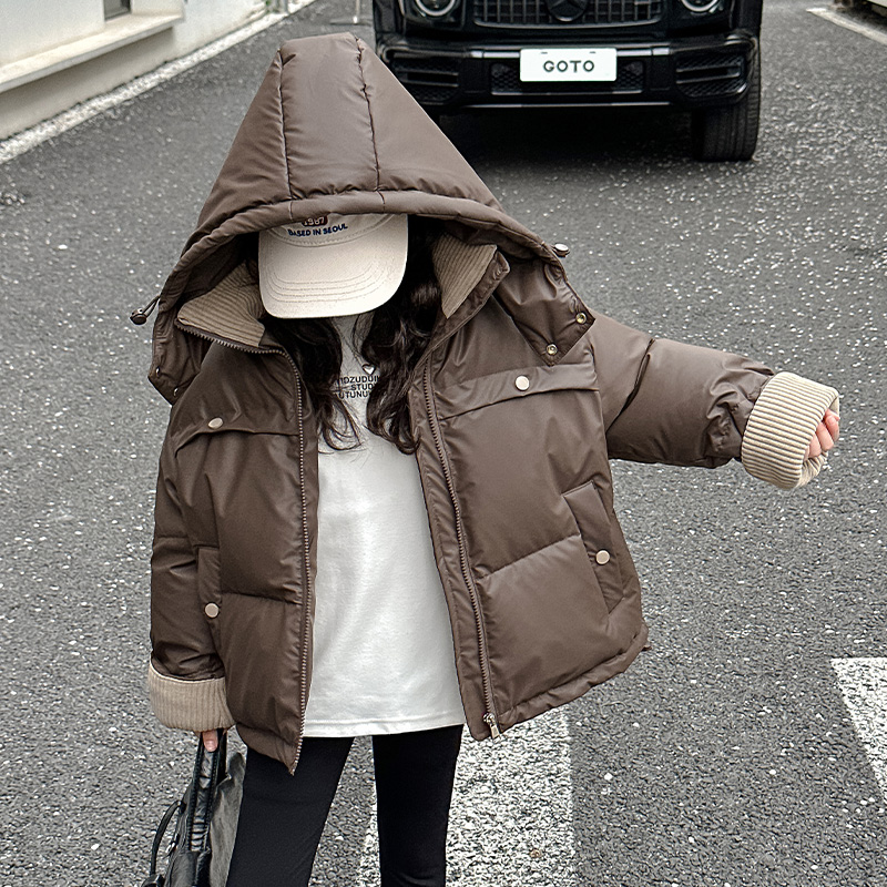 女童冬加厚羽绒服外套韩版女孩PU皮白鸭绒洋气连帽保暖短款羽绒服