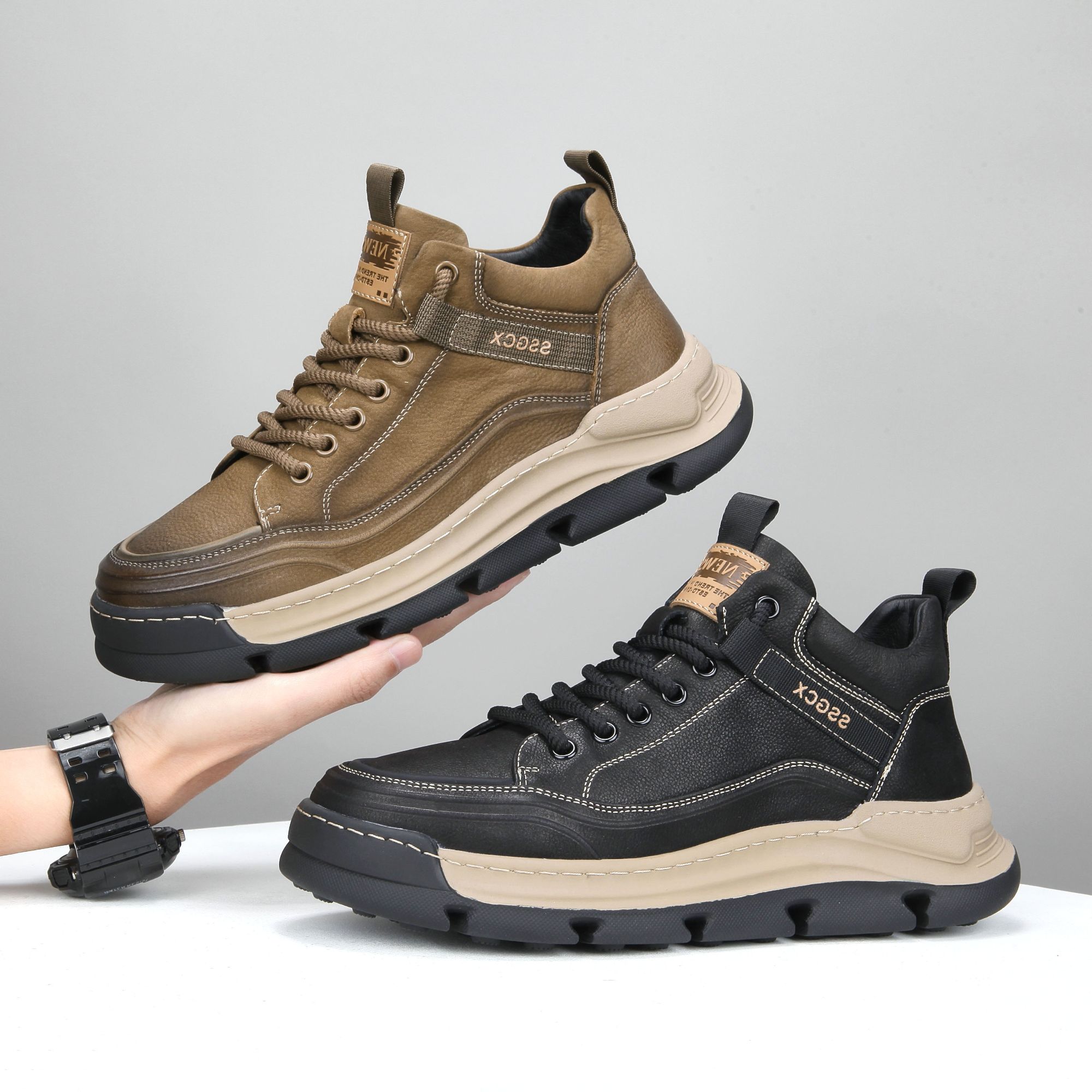 头层牛皮2024秋冬中高帮男士休闲缓震百搭增高厚底户外男鞋68F208