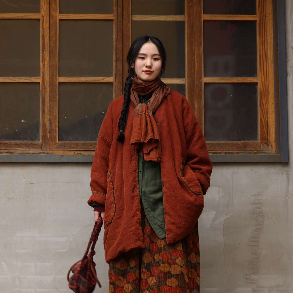 衣路走来原创设计冬季亚麻中长款圆领大口袋棉衣 38270