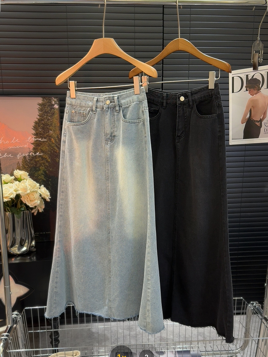 复古鱼尾毛边牛仔裙女中长款春夏新款半身长裙a字显瘦包臀裙