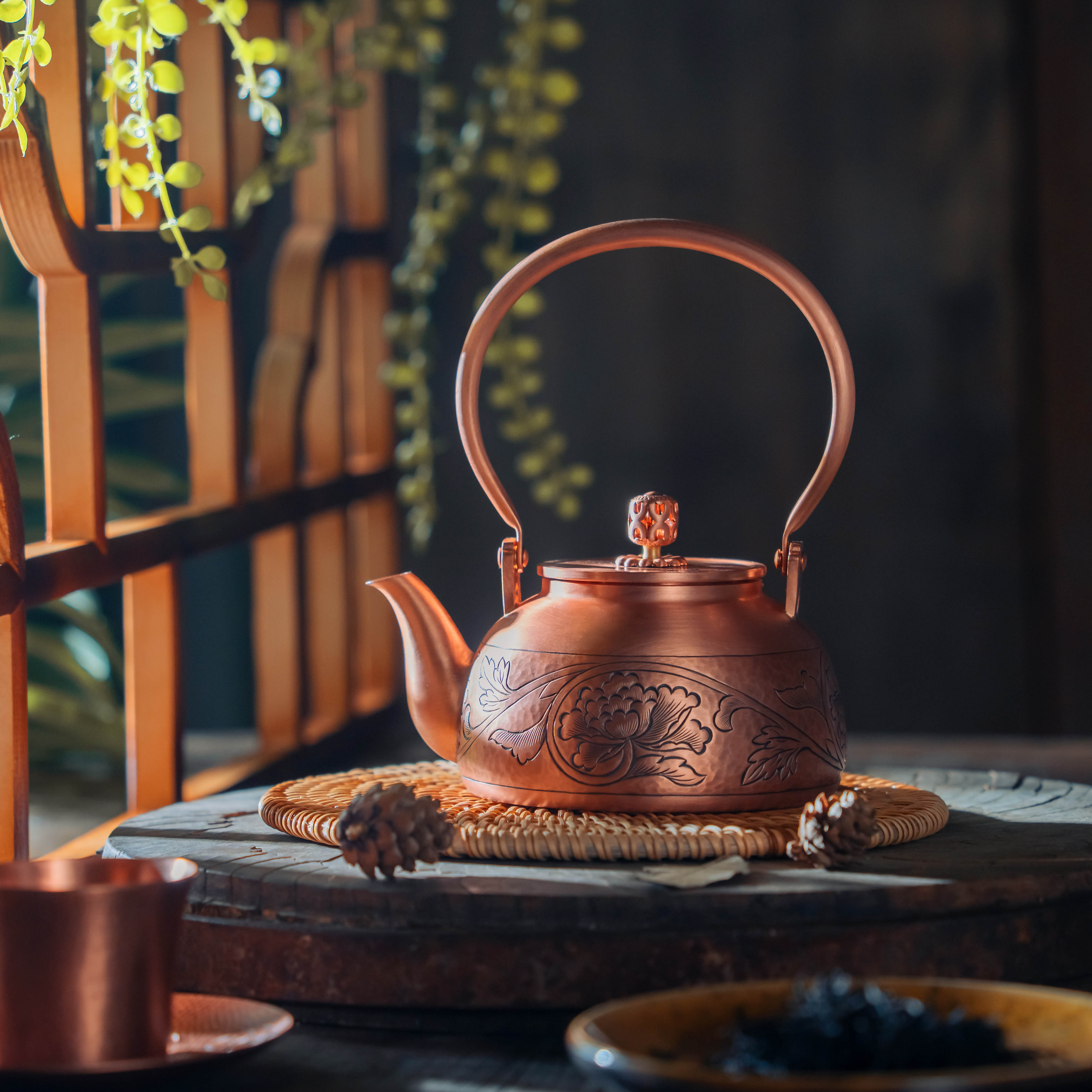 尚铜堂 手工錾刻紫铜壶泡茶壶烧水煮水壶 450毫升（中号）国色天香