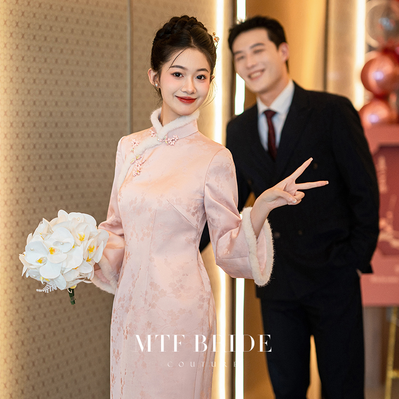 满庭芳【雨霖铃】粉色旗袍中长款女秋冬新娘敬酒服国风