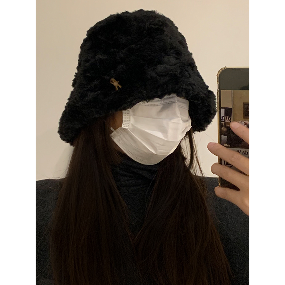 黑色毛绒渔夫帽子女秋冬百搭大头围盆帽冬季加厚保暖显脸小水桶帽