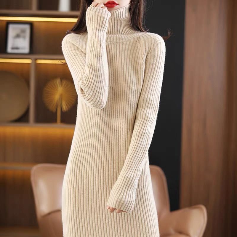 正品羊毛衫女秋冬高领长款过膝连衣裙加厚毛衣内搭针织显瘦打底衫
