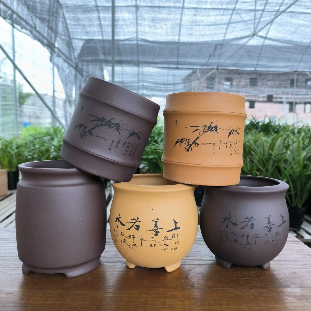 兰花圆筒花盆 岳阳楼记陶瓷盆 古风小口径兰草紫砂盆