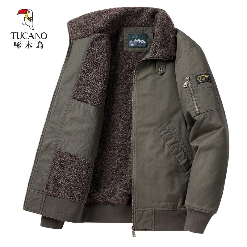 啄木鸟夹克男士冬季羊羔绒加厚保暖棉服飞行员工装休闲外套男装
