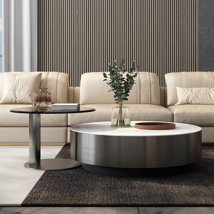 轻奢岩板茶几组合亮光客厅家用大小圆边几极简现代简约钢化玻璃