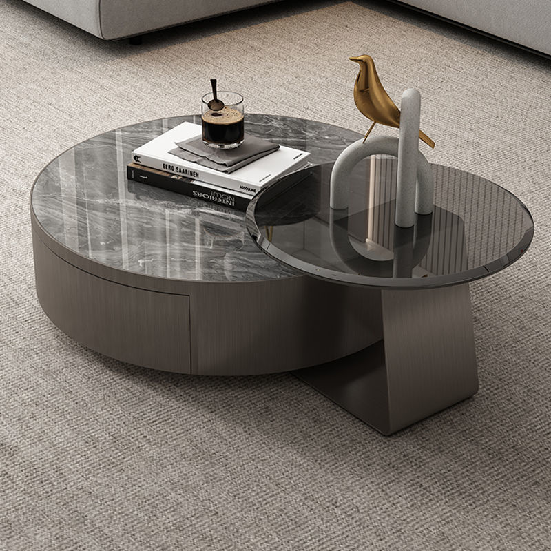 意式轻奢现代网红简约高级客厅小户型不锈钢大小圆形岩板茶几玻璃