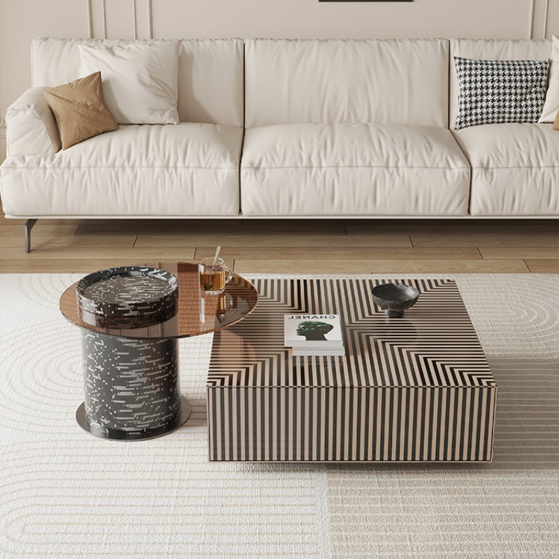 意式极简轻奢圆形茶几桌子组合客厅家用小户型现代简约斑马条纹