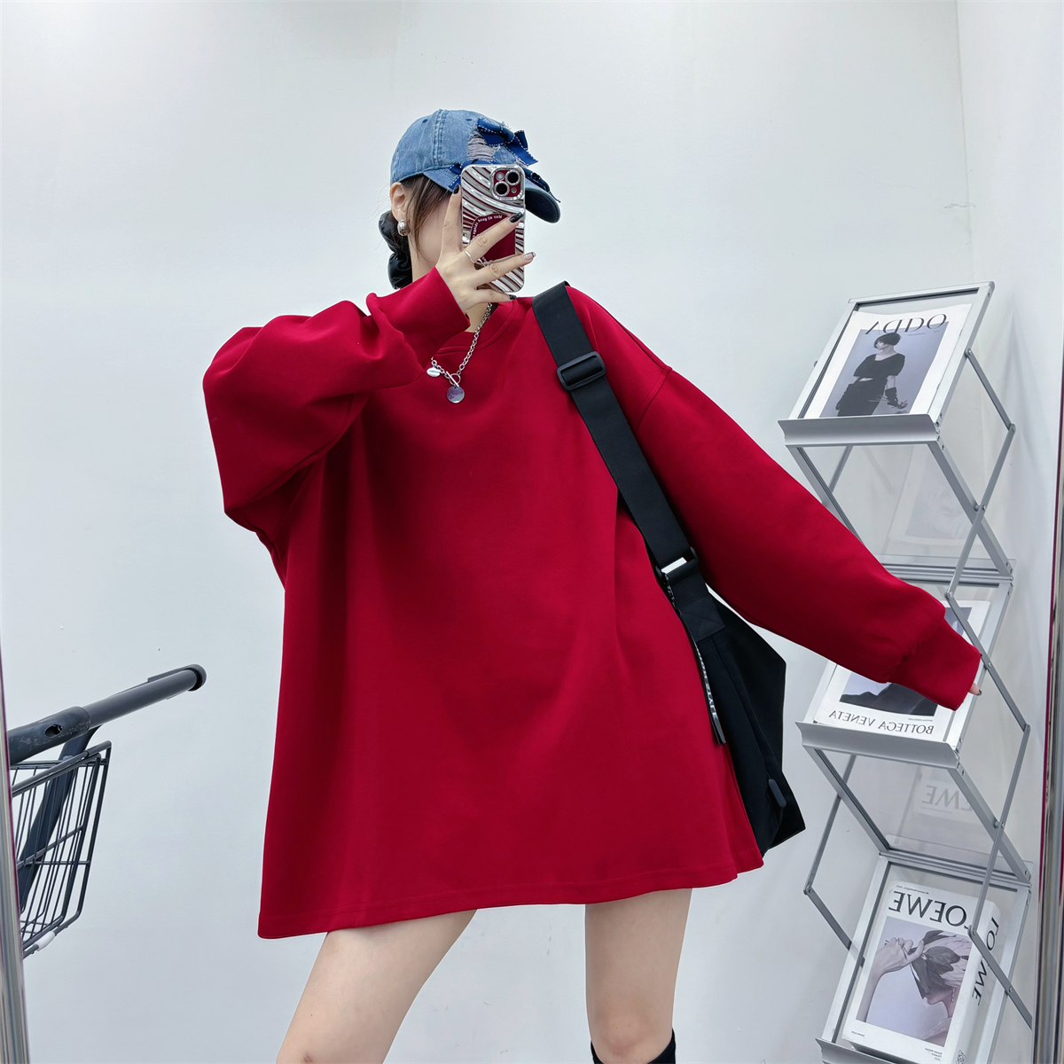 欧洲站加肥加大中长款卫衣女大码冬装韩版显瘦纯色净版宽松上衣潮