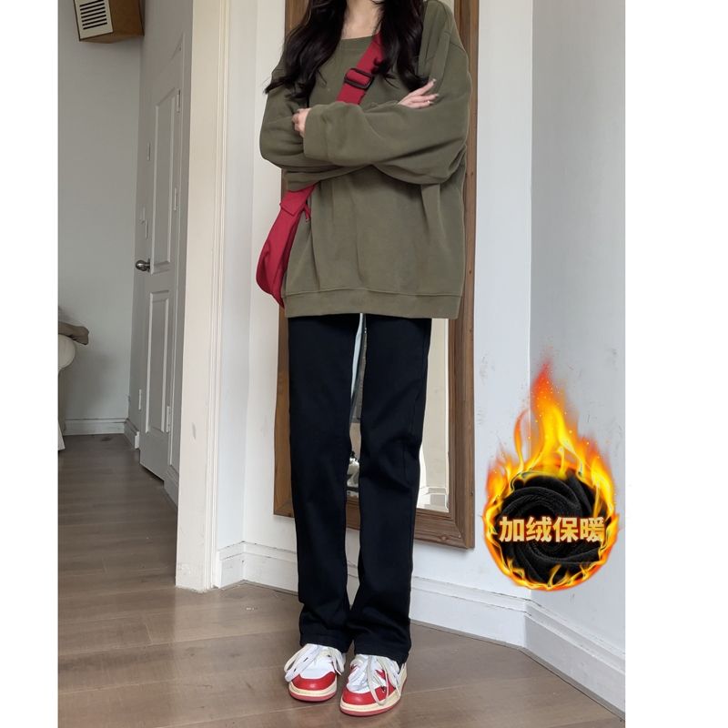 黑色加长直筒牛仔裤女秋冬加绒加厚高腰弹力显瘦窄版阔腿烟管裤子