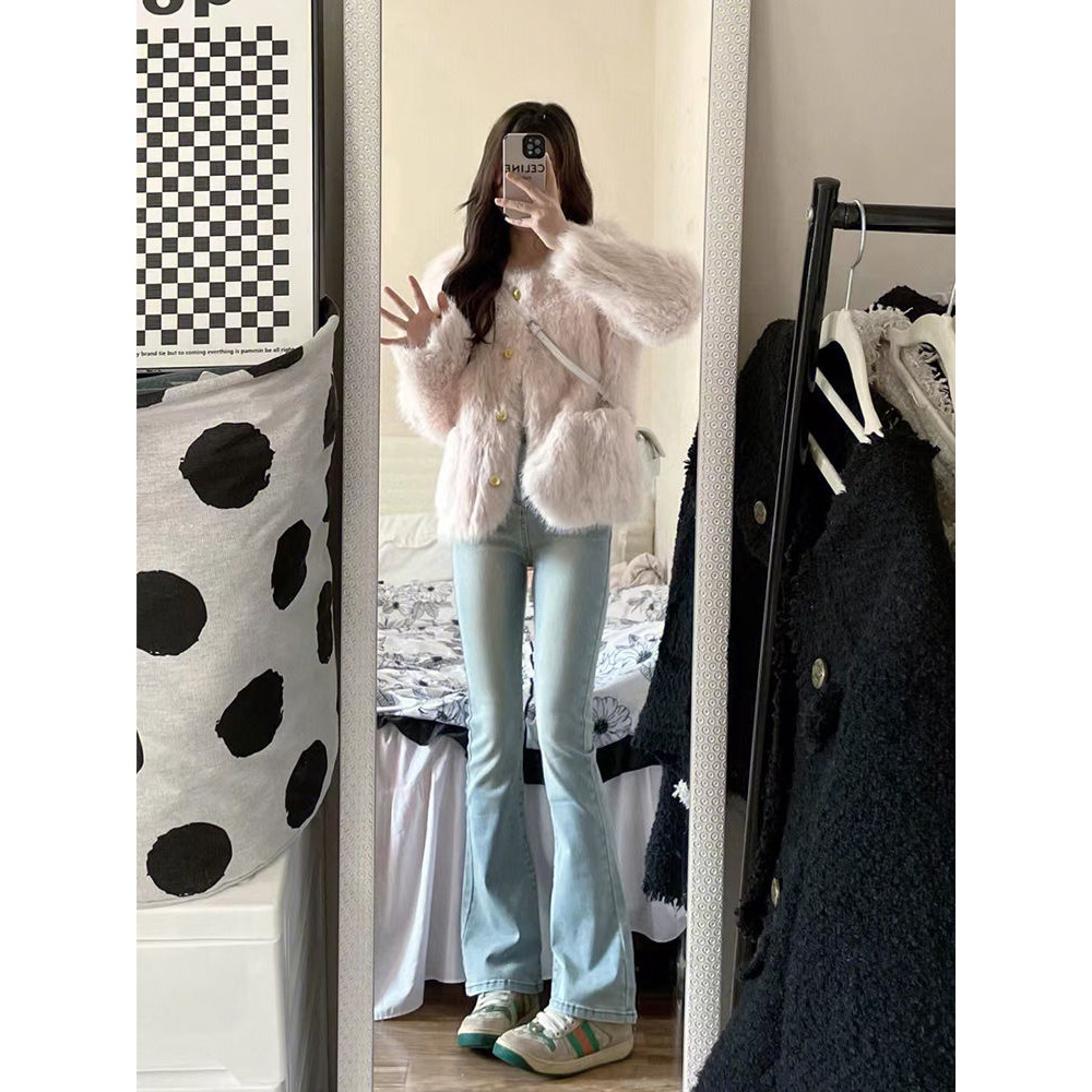 高个子加长浅色微喇牛仔裤女春秋新款高腰修身显瘦弹力喇叭马蹄裤
