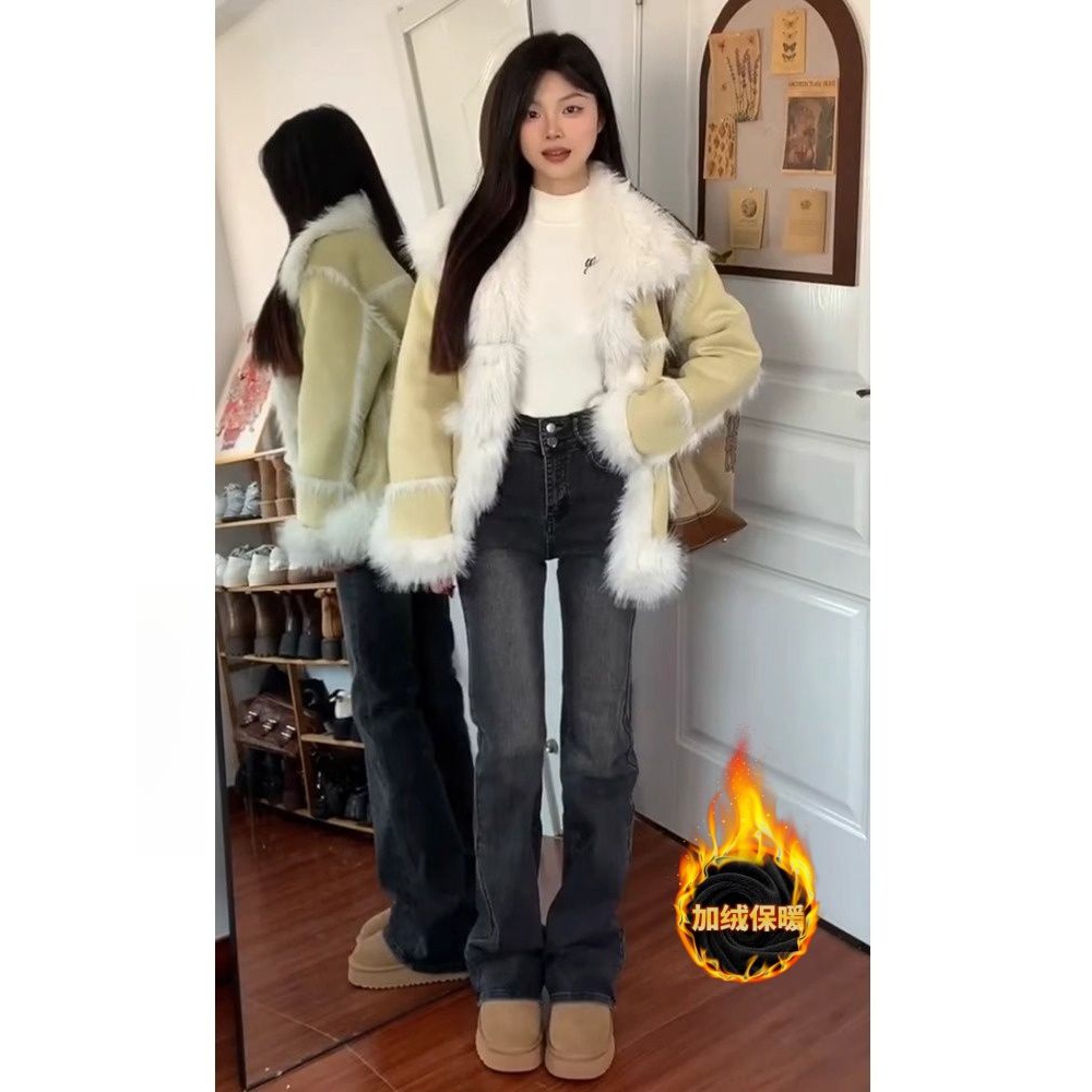 复古黑灰色微喇叭牛仔裤女秋冬季加绒加厚高腰弹力显瘦拖地马蹄裤
