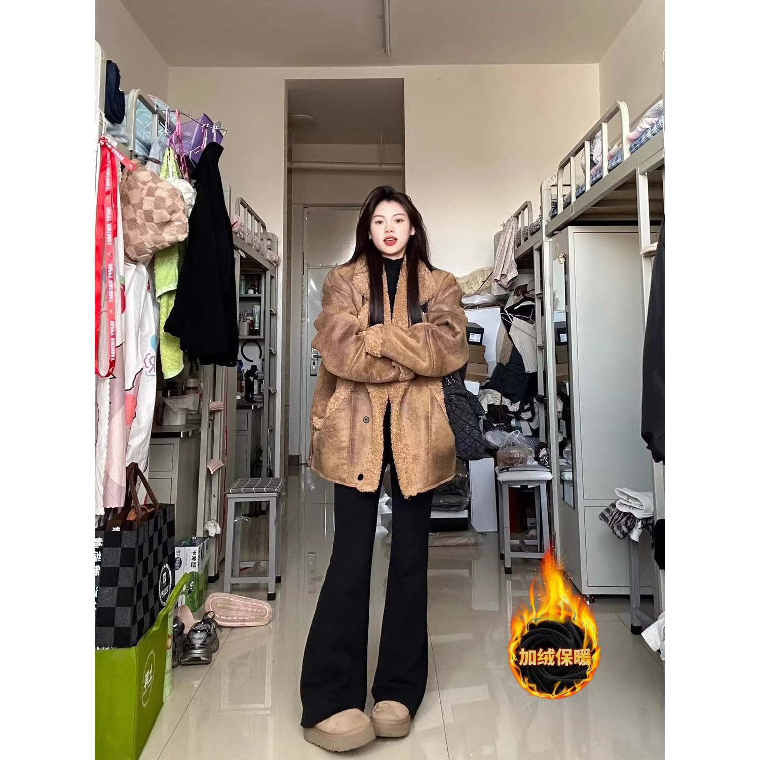 黑色微喇牛仔裤女2023新款秋冬加绒加厚175高个子加长马蹄喇叭裤