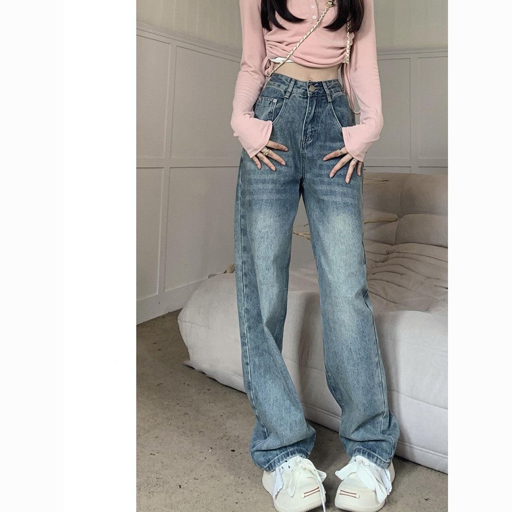 美式复古加长直筒牛仔裤女2024春秋新款高腰宽松显瘦拖地裤子5260