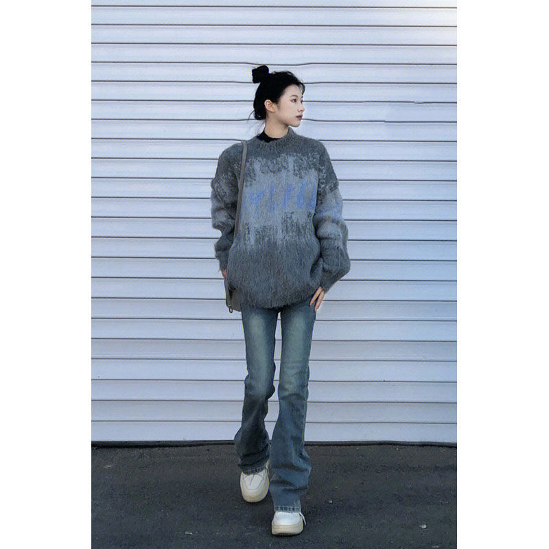 美式高街水洗做旧蓝色微喇叭牛仔裤女春季新款高腰显瘦加长马蹄裤