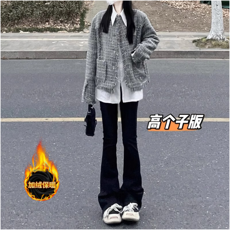 高个子加长黑色加绒微喇牛仔裤女秋冬高腰弹力修身显瘦喇叭拖地裤