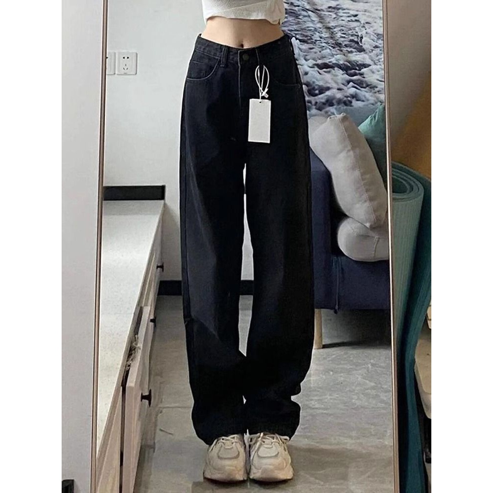 黑色加长版直筒牛仔裤女秋冬新款高腰宽松百搭显瘦阔腿拖地裤子潮
