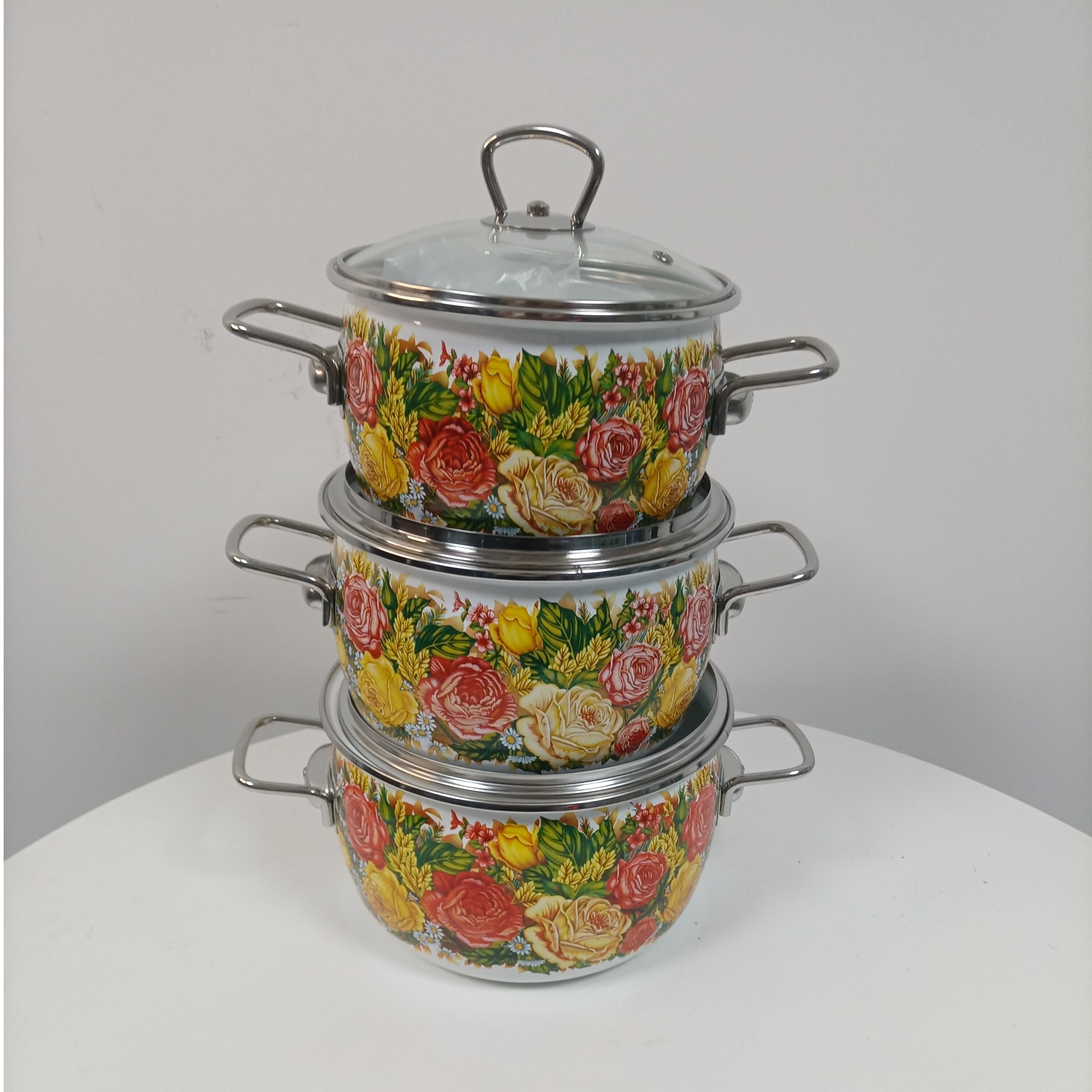 俄罗斯原装进口套装搪瓷厨具《三件套》陶瓷大号蒸锅复古款式家用