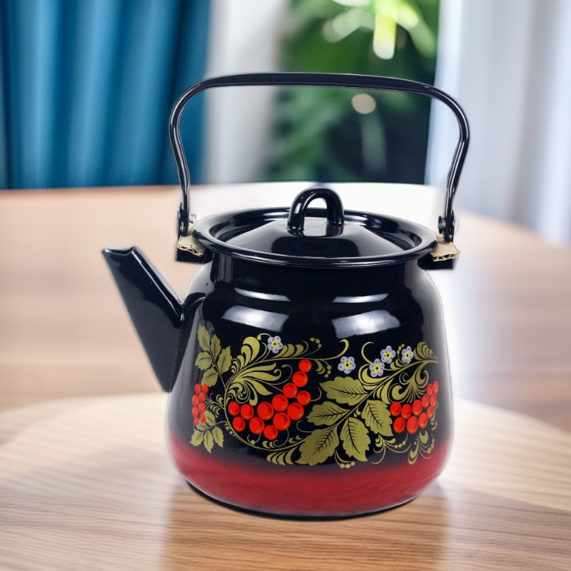 搪瓷厨具烧水壶搪瓷烧水壶家用；俄罗斯搪瓷茶壶（黑红葡萄花）