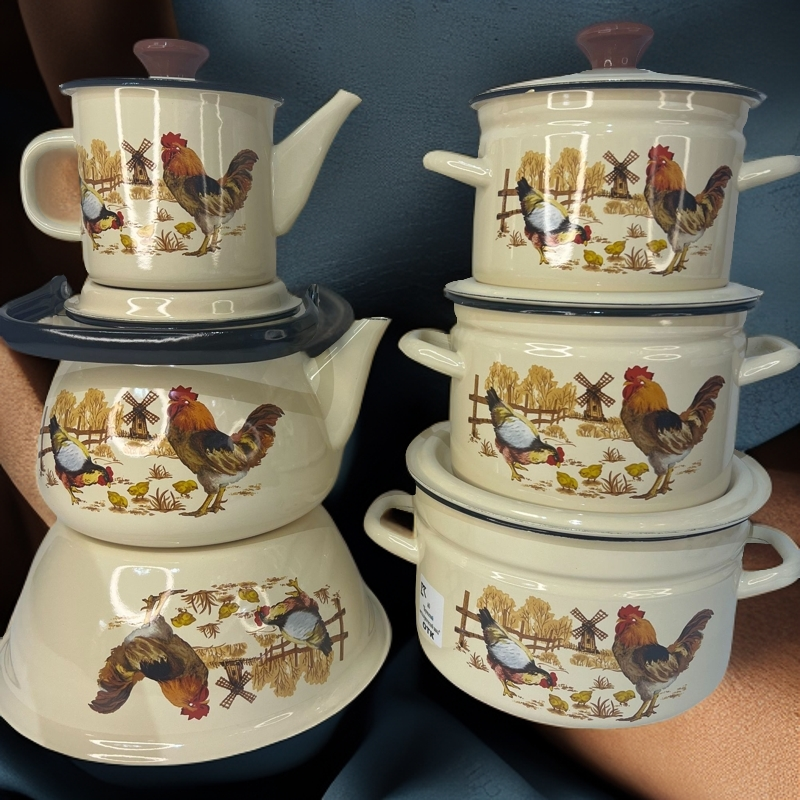 俄罗斯原装进口搪瓷六件套 搪瓷茶壶 搪瓷汤锅 搪瓷盆