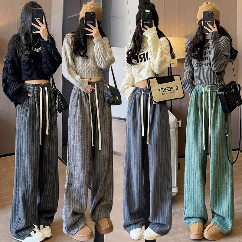 实拍竖条纹毛呢裤女秋冬2023新款休闲复古直筒慵懒加绒拖地阔腿裤