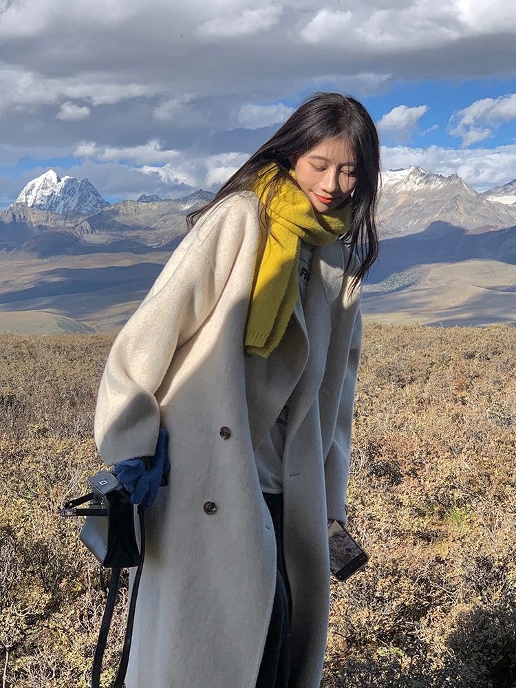 EKOOL 11%羊驼毛89%绵羊毛双面羊毛大衣女中长款冬季加厚毛呢外套