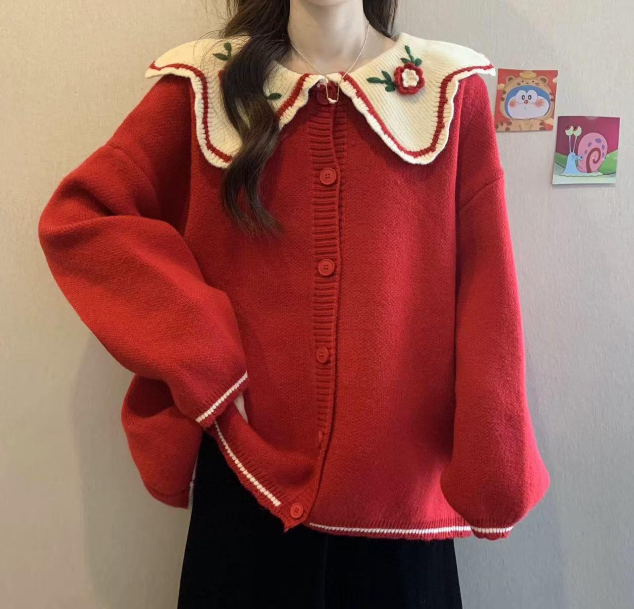 大码孕妇甜美风减龄小个子毛衣外套秋冬季宽松休闲圆领开衫