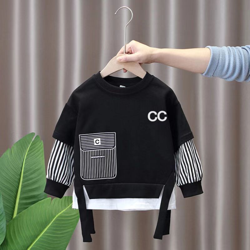 男童炸街卫衣2024新款潮牌儿童春装假两件宝宝春秋帅气男孩上衣服