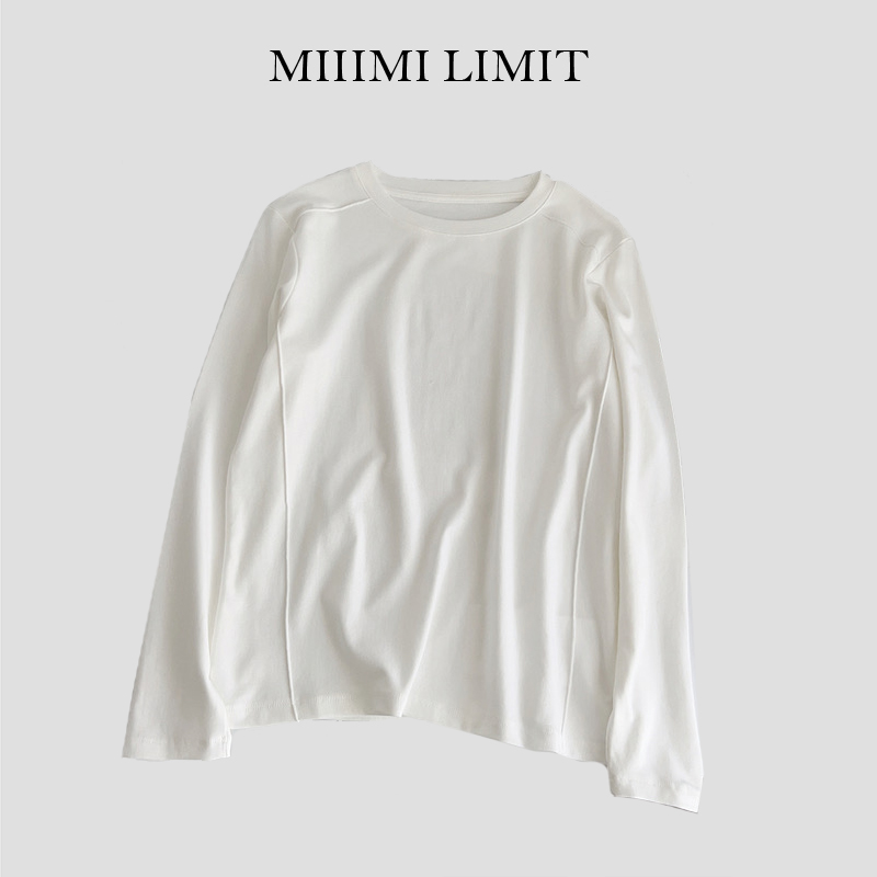 米小米/长袖女t恤白色休闲百搭简约纯色圆领弹力上衣打底衫内搭